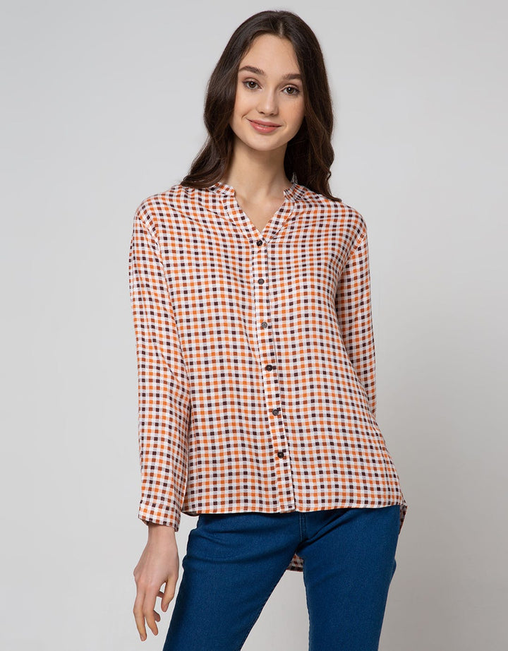 Connexion Long Sleeve Shirt Hai Collar Print Chech Small