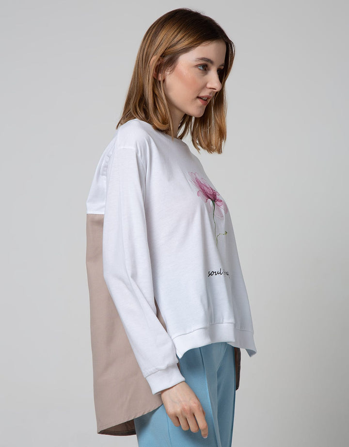 Details Long Sleeve Blouse Knit With Combo Fabric And Print
