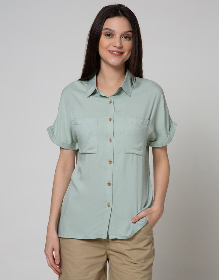 Details Short Sleeve Shirt Top Woven Rayon
