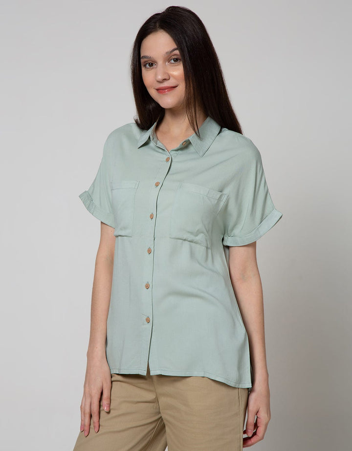 Details Short Sleeve Shirt Top Woven Rayon