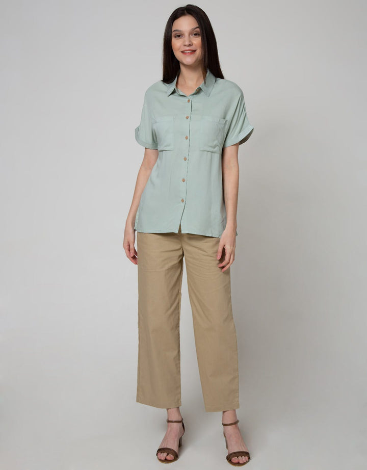 Details Short Sleeve Shirt Top Woven Rayon