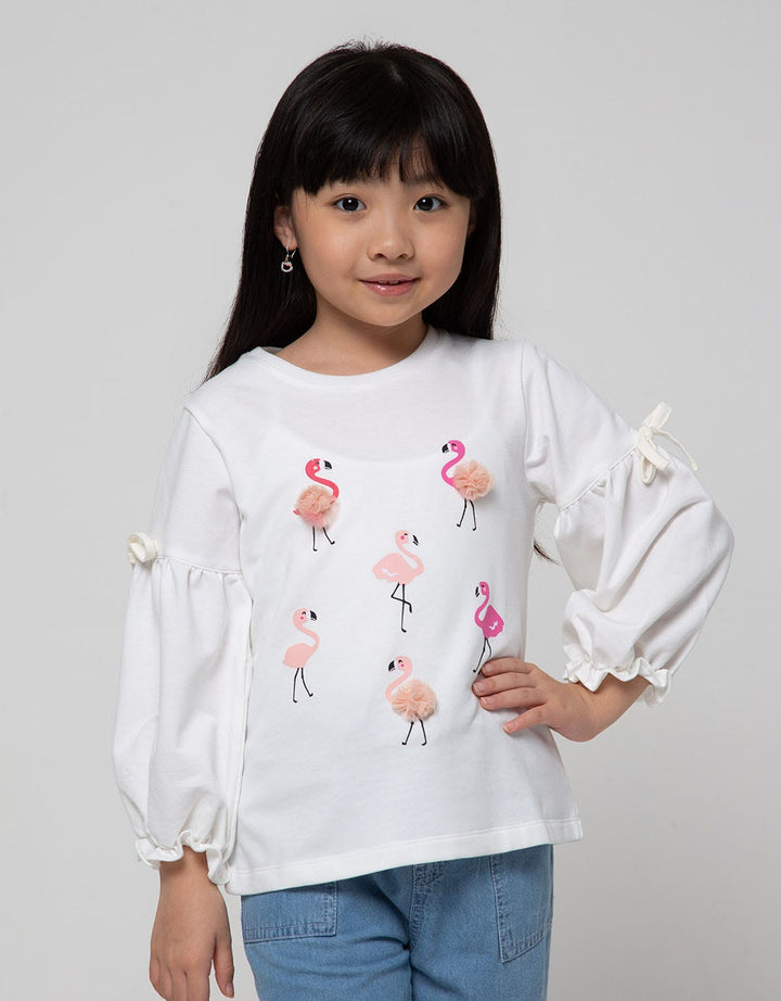 Little M Long Sleeve T-Shirt Flamingo Pompom Lengan Balon