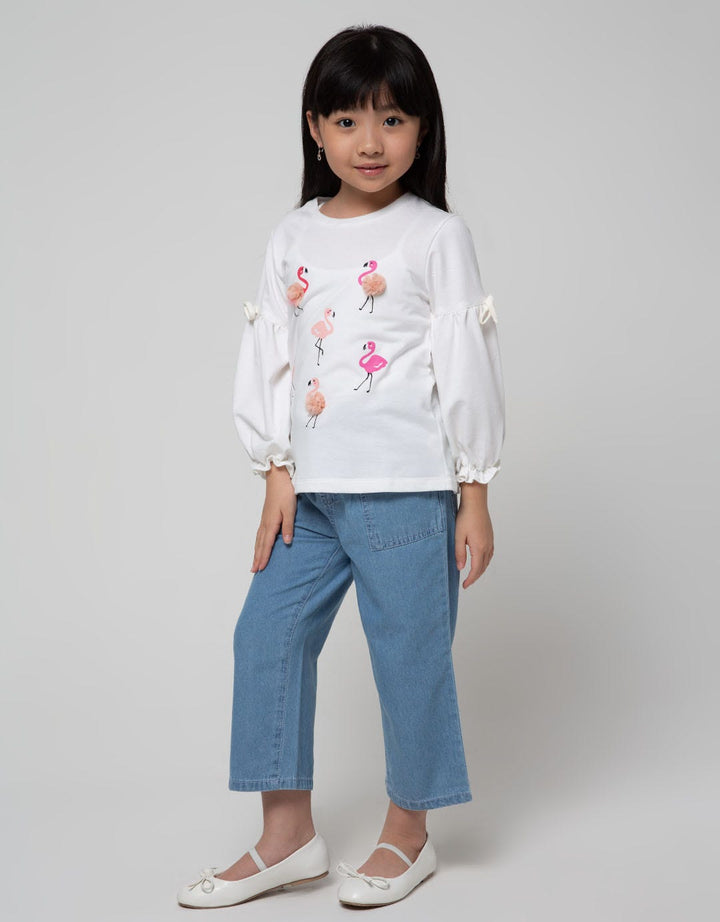 Little M Long Sleeve T-Shirt Flamingo Pompom Lengan Balon