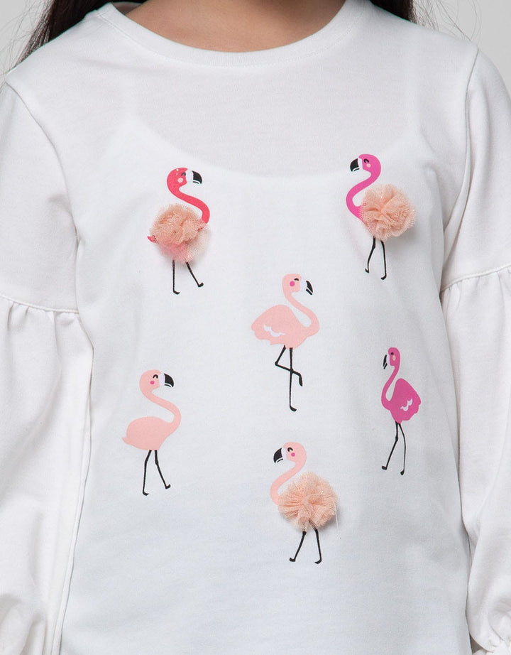 Little M Long Sleeve T-Shirt Flamingo Pompom Lengan Balon