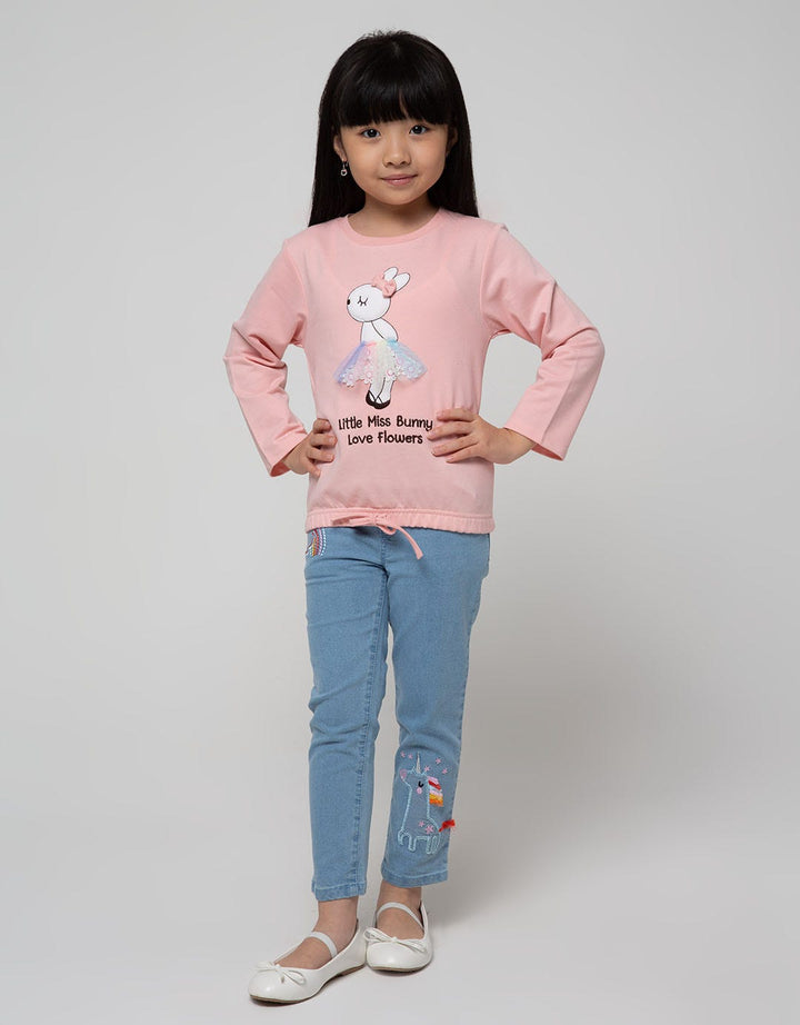 Little M Long Sleeve T-Shirt Bunny Aplikasi Bunga Serut Bawah