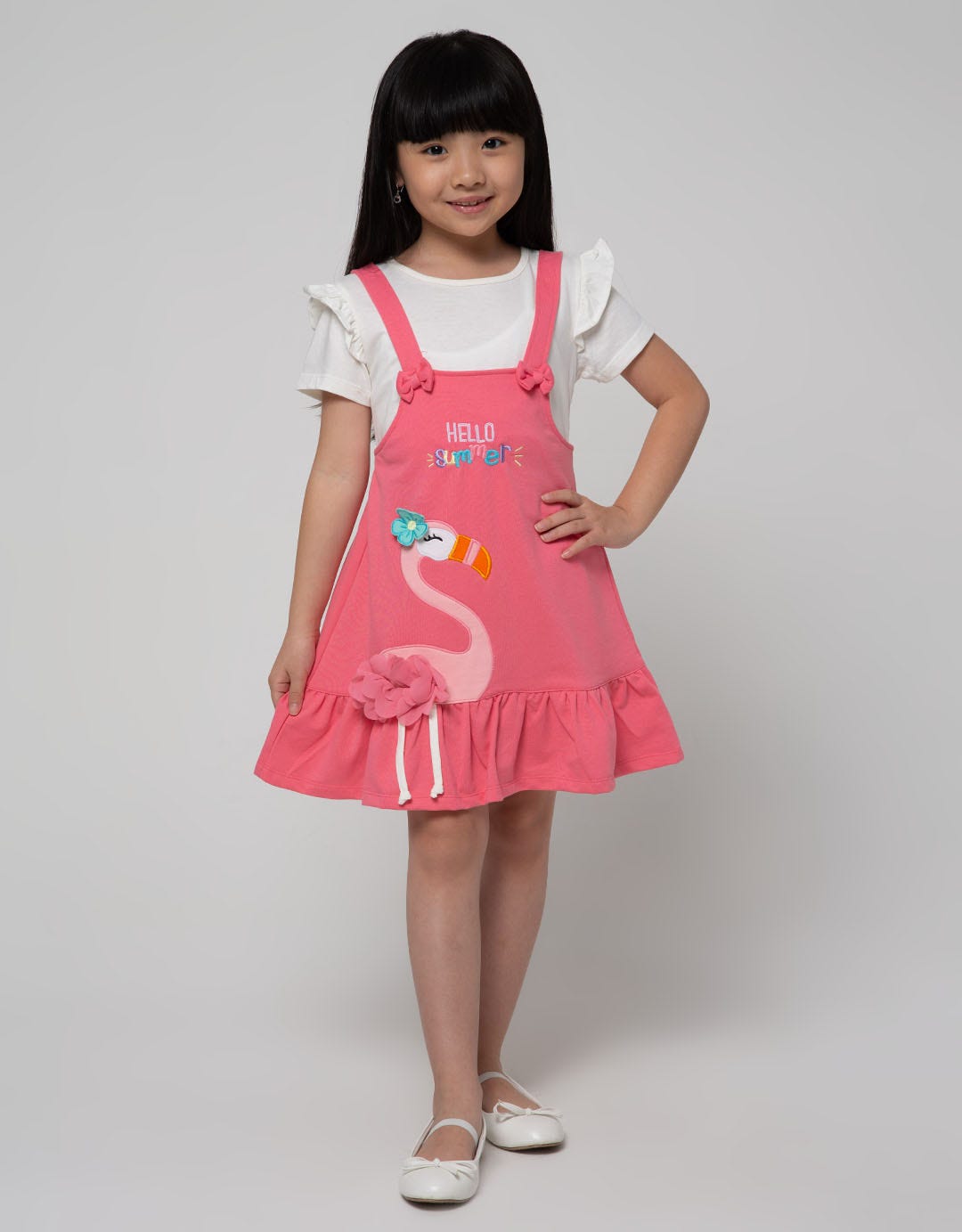 Little M Short Sleeve Midi Dress Overall Ruffle Aplikasi Flaminggo