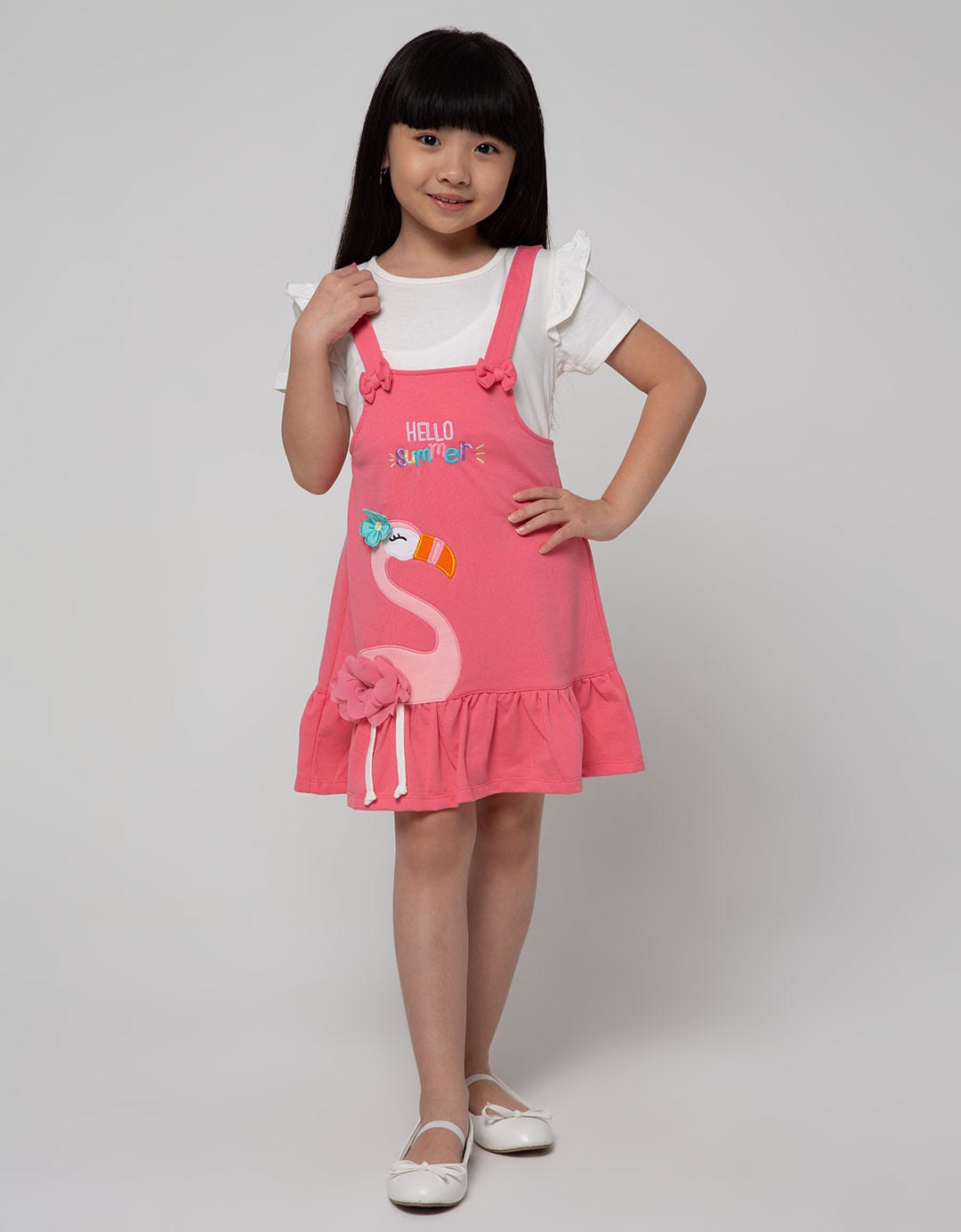Little M Short Sleeve Midi Dress Overall Ruffle Aplikasi Flaminggo