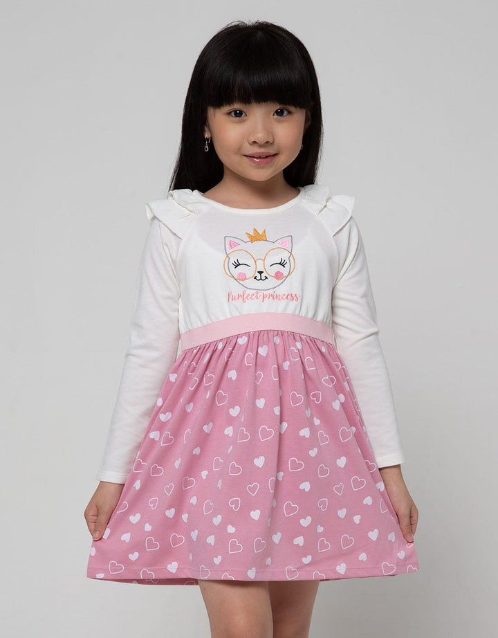 Little M Long Sleeve Midi Dress Ruffle Print Hati Bawah