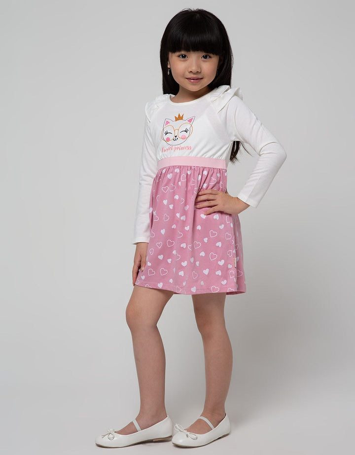 Little M Long Sleeve Midi Dress Ruffle Print Hati Bawah