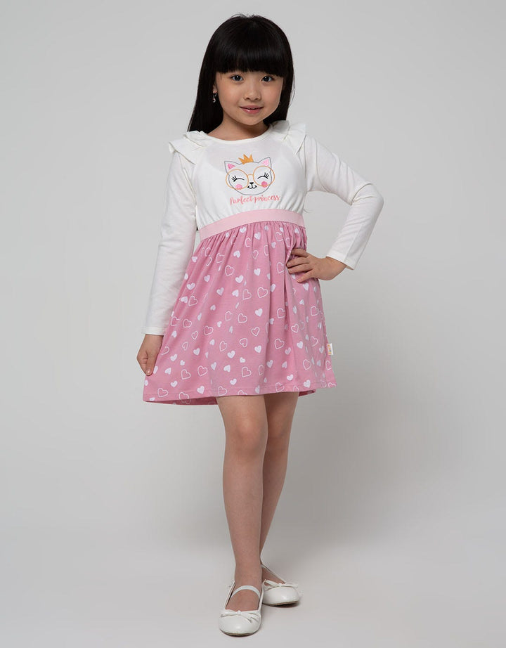 Little M Long Sleeve Midi Dress Ruffle Print Hati Bawah