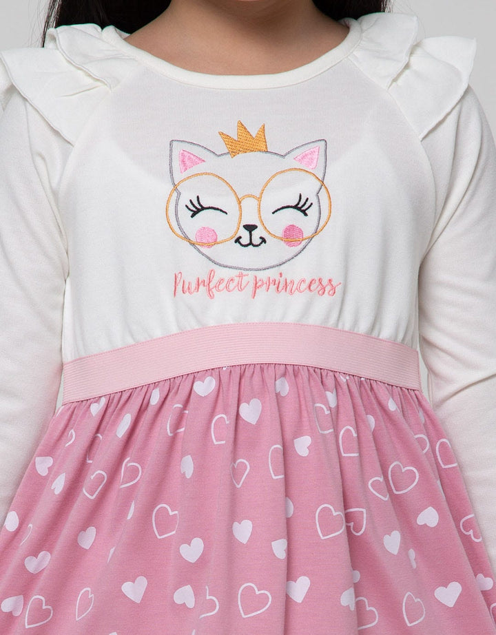 Little M Long Sleeve Midi Dress Ruffle Print Hati Bawah