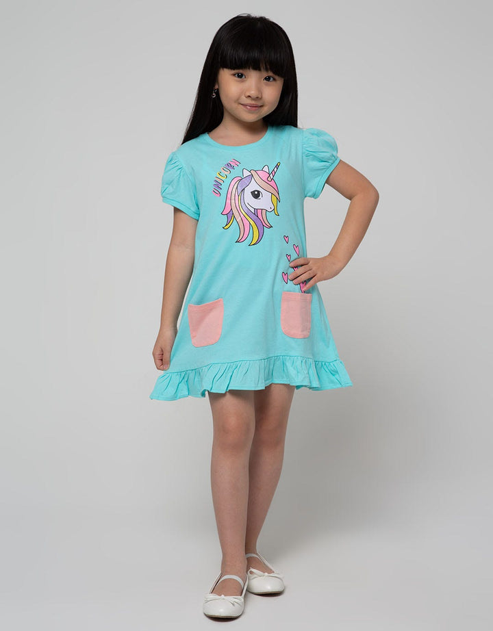 Little M Short Sleeve Midi Dress Daily Heart Unicorn Pockets