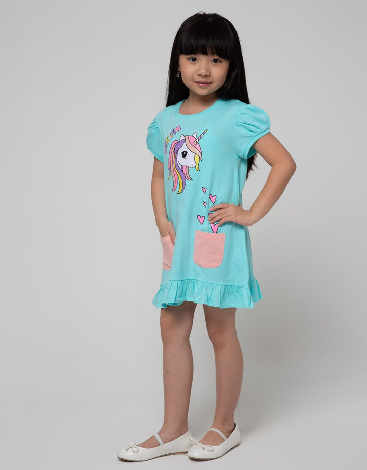 Little M Short Sleeve Midi Dress Daily Heart Unicorn Pockets