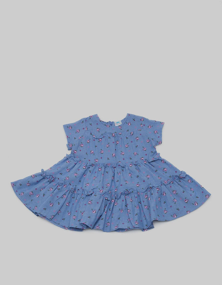 Pipiniko Short Sleeve Midi Dress Tiered Chambray Floral