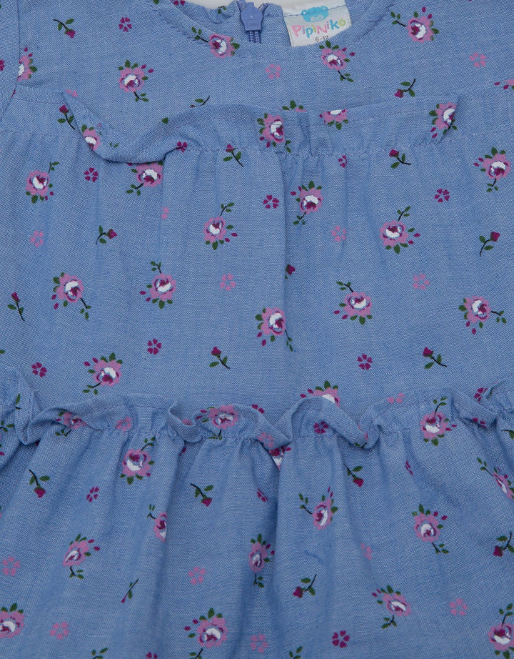 Pipiniko Short Sleeve Midi Dress Tiered Chambray Floral