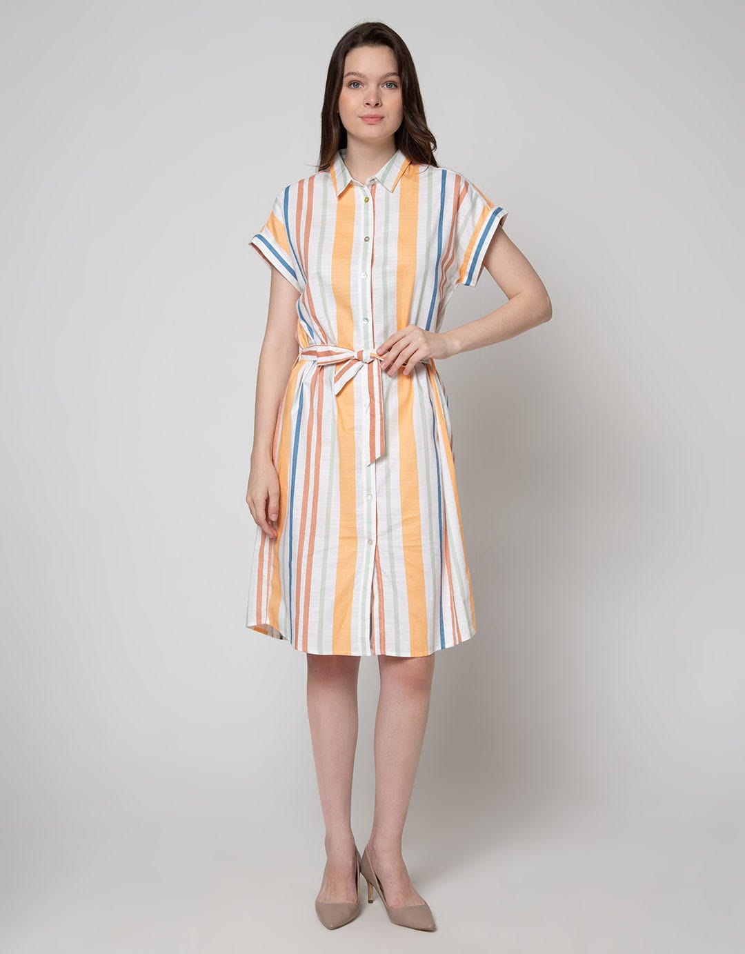 Connexion Short Sleeve Midi Dress Strpies Vertical