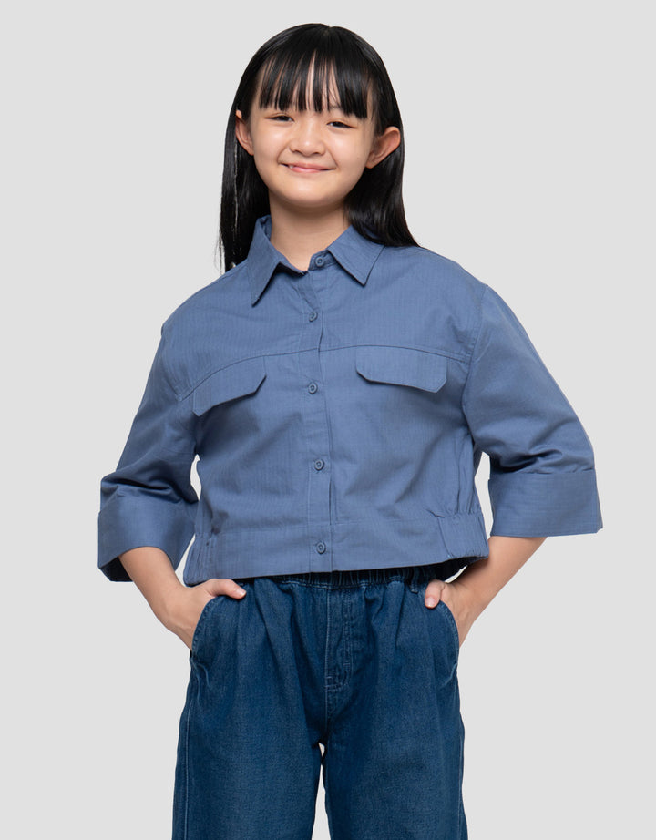 Nevada Lengan 7/8 Salur Kantong Kemeja Anak Perempuan