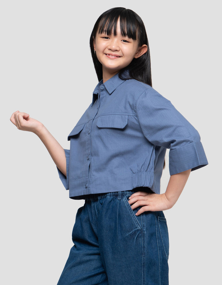 Nevada Lengan 7/8 Salur Kantong Kemeja Anak Perempuan