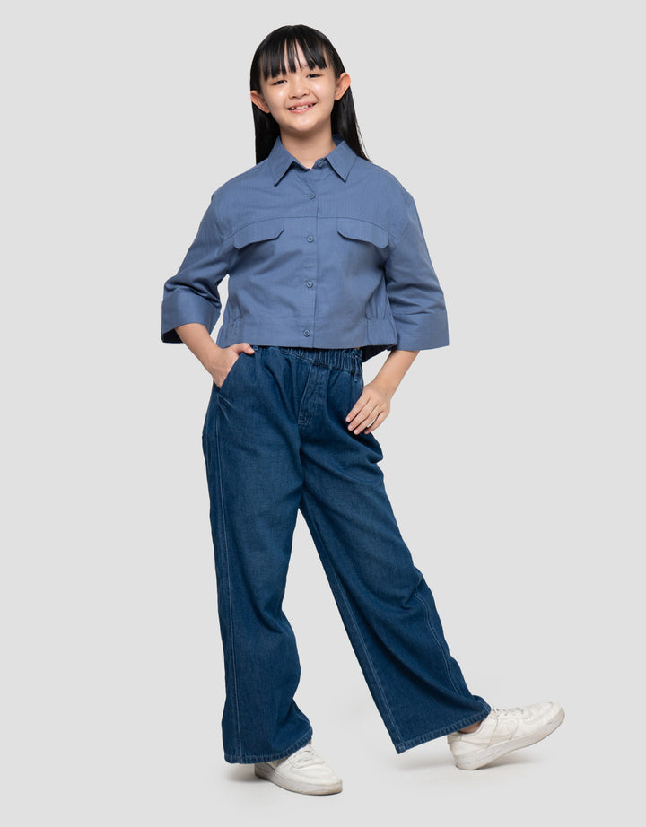 Nevada Lengan 7/8 Salur Kantong Kemeja Anak Perempuan