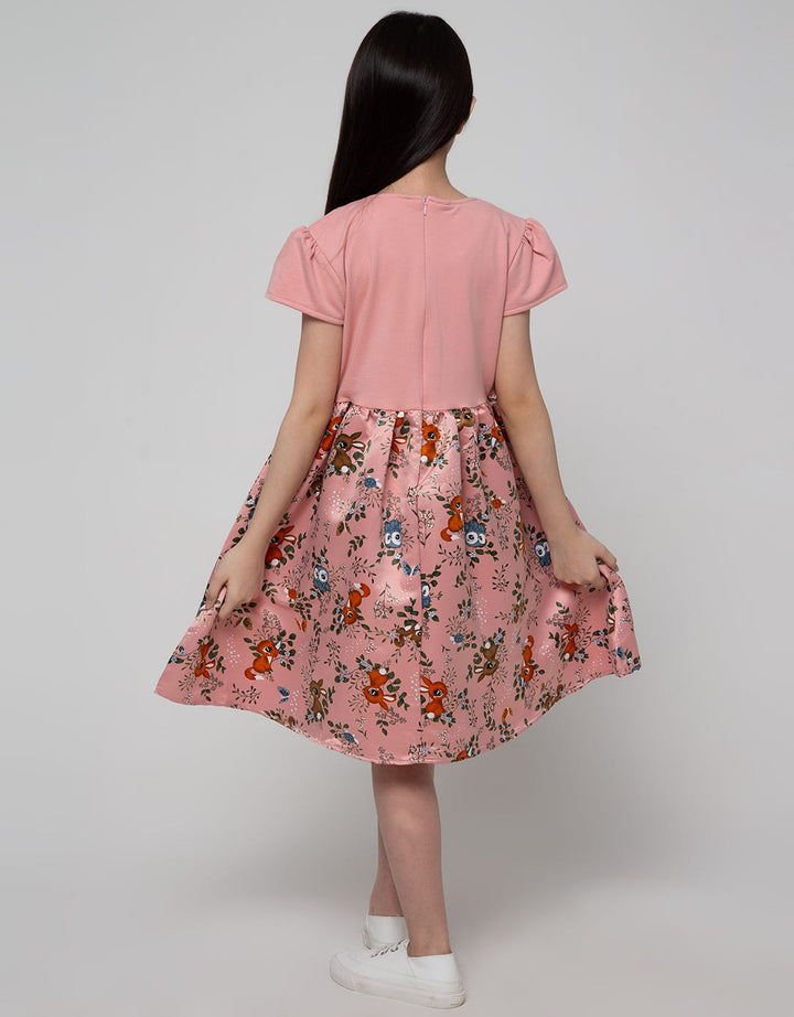 Kidz Too Short Sleeve Midi Dress Satin Bunny Owl Skirt