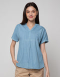 Connexion Short Sleeve Blouse Chambray Vn Skipper Turn Up Cuff