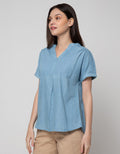 Connexion Short Sleeve Blouse Chambray Vn Skipper Turn Up Cuff