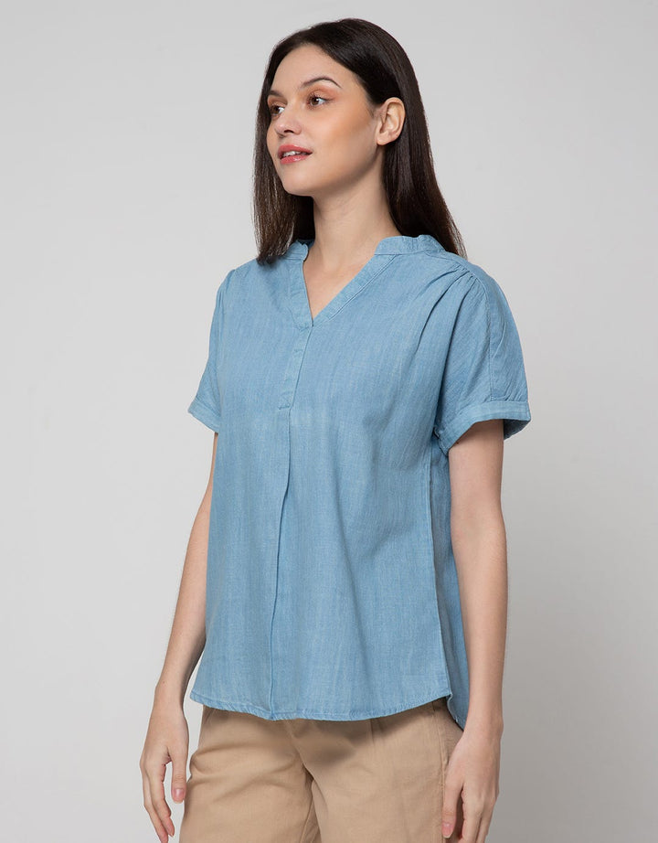 Connexion Short Sleeve Blouse Chambray Vn Skipper Turn Up Cuff