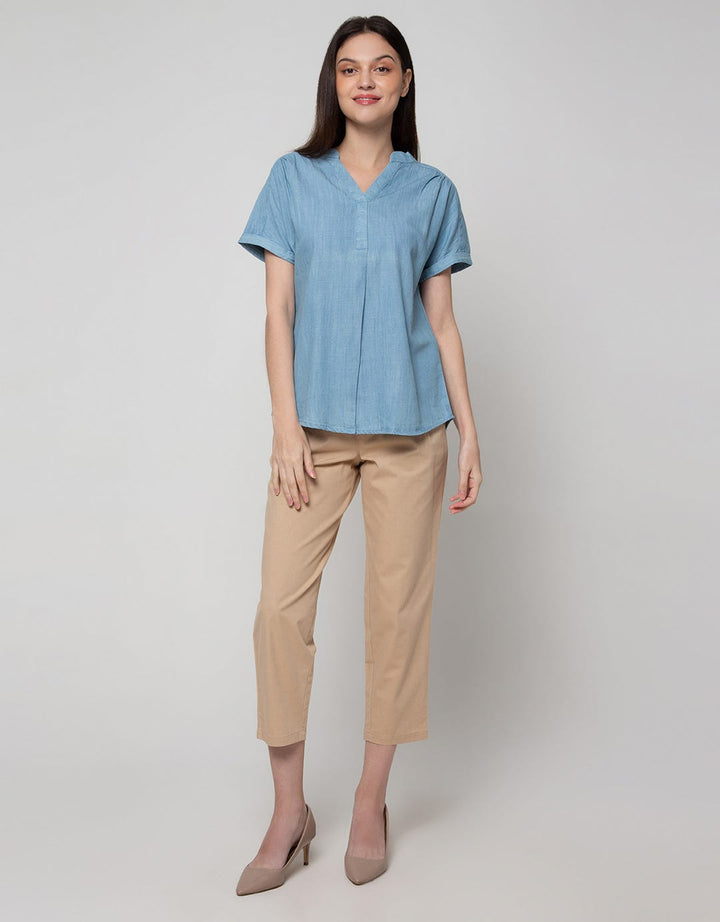 Connexion Short Sleeve Blouse Chambray Vn Skipper Turn Up Cuff