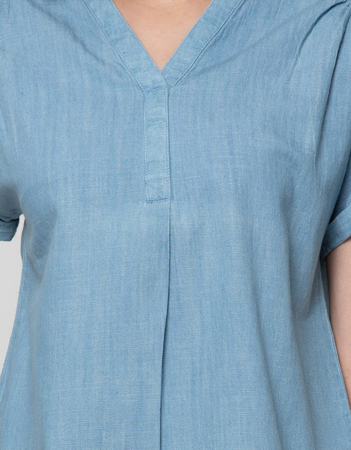 Connexion Short Sleeve Blouse Chambray Vn Skipper Turn Up Cuff