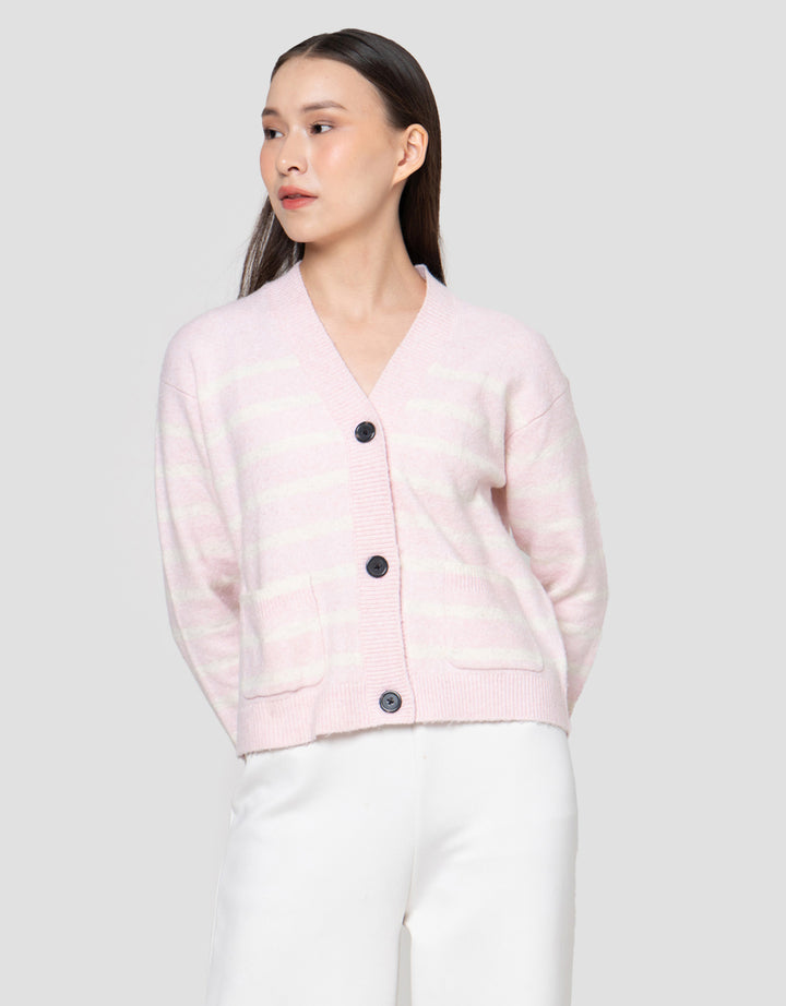 Suko Souffle Yarn Stripe Jaket Cardigan Wanita