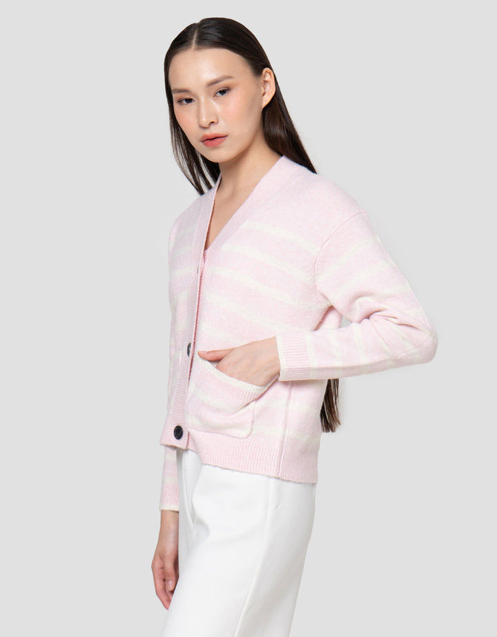 Suko Souffle Yarn Stripe Jaket Cardigan Wanita