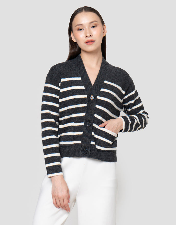 Suko Souffle Yarn Stripe Jaket Cardigan Wanita