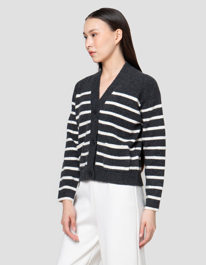 Suko Souffle Yarn Stripe Jaket Cardigan Wanita