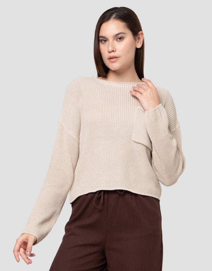 Nevada Boxy Flat Knit Pocket Sweater Wanita