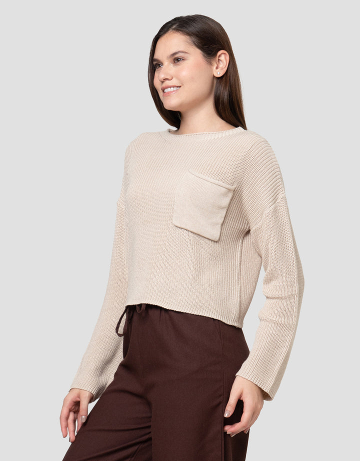 Nevada Boxy Flat Knit Pocket Sweater Wanita