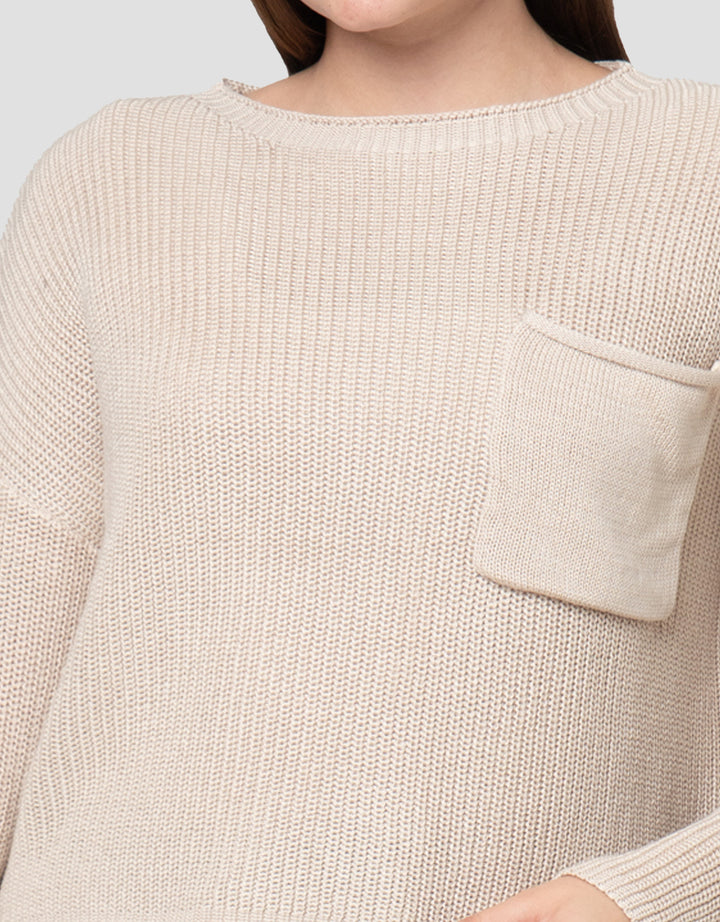 Nevada Boxy Flat Knit Pocket Sweater Wanita