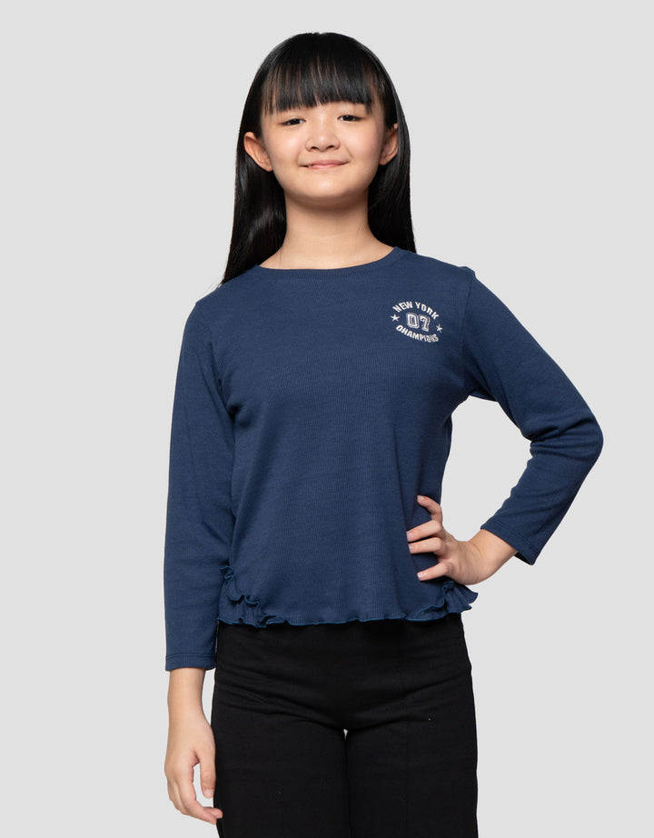 Nevada Rib Ruffle Pinggir Bordir New York Kaos Anak Perempuan