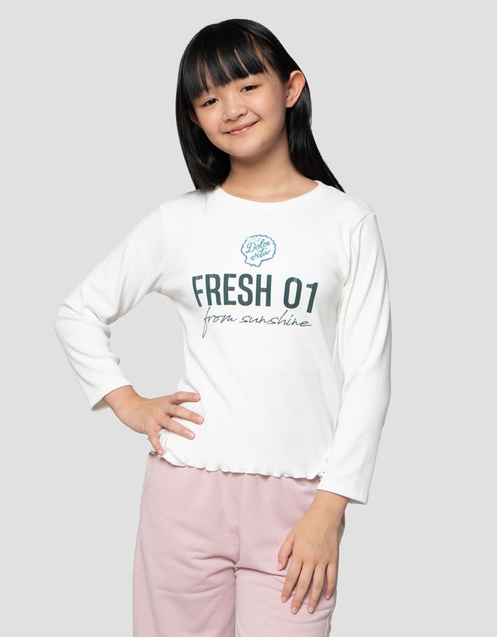 Nevada Rib Ruffle Pinggir Bordir Dolce Kaos Anak Perempuan