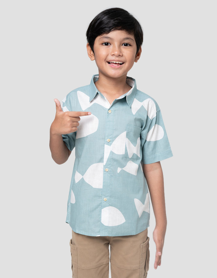 Little M Kerah Print Fish Kemeja Anak Laki-laki
