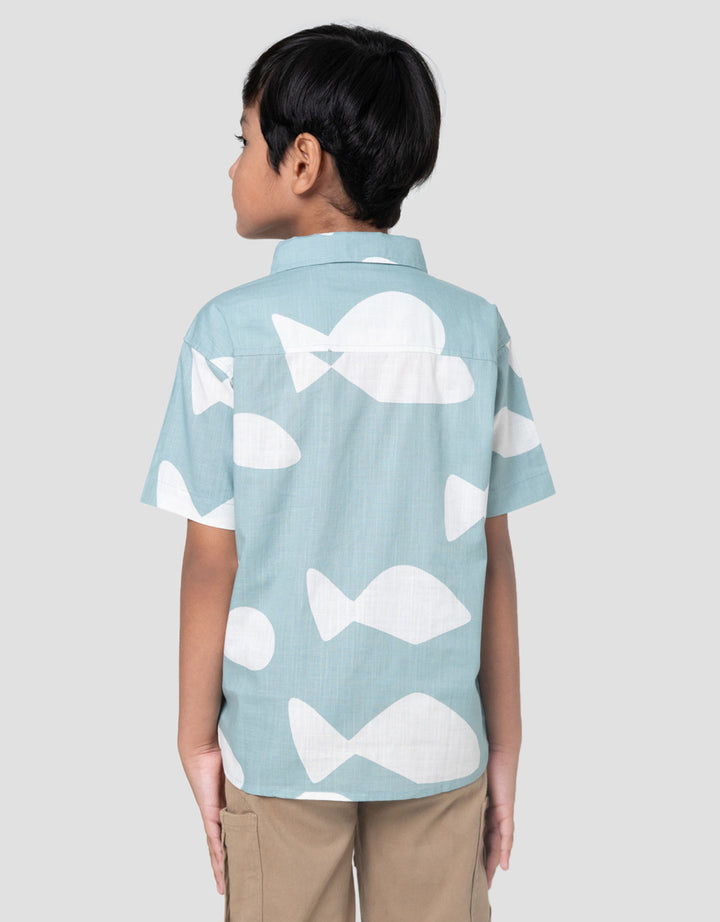 Little M Kerah Print Fish Kemeja Anak Laki-laki