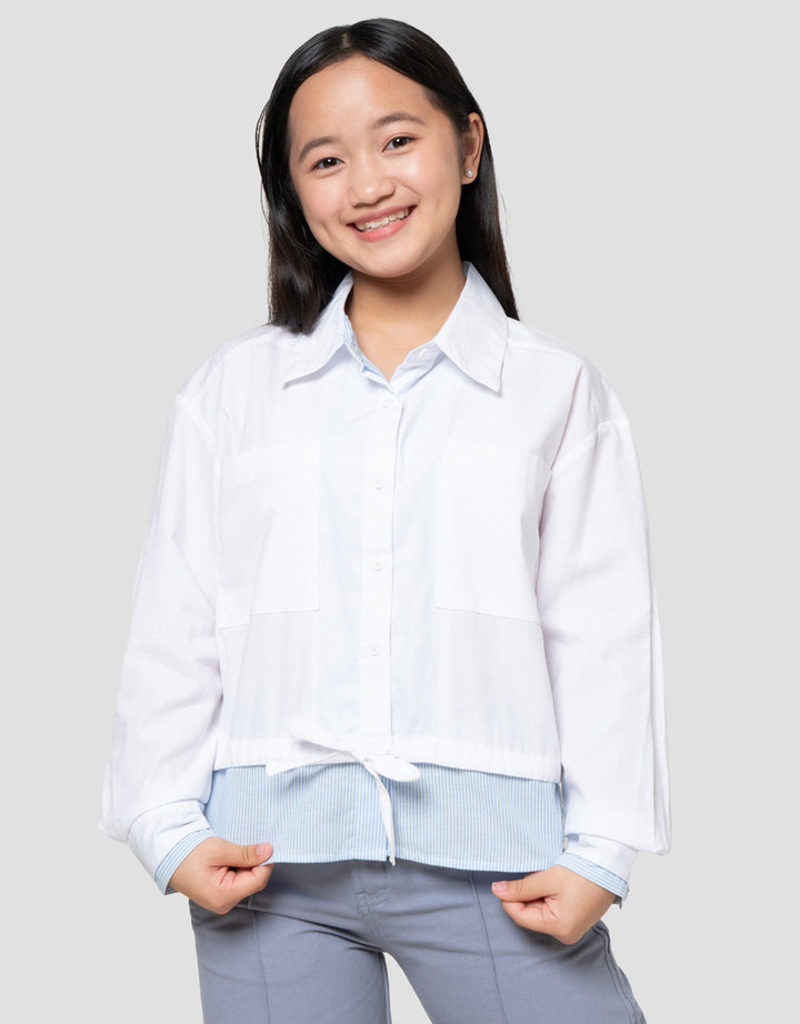 Nevada Fake 2Pcs Kombi Salur Kecil Kemeja Anak Perempuan