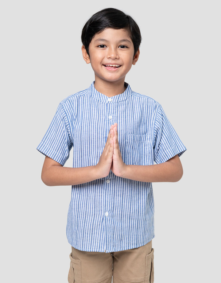 Little M Blue Yarnded Kemeja Koko Anak Laki-laki