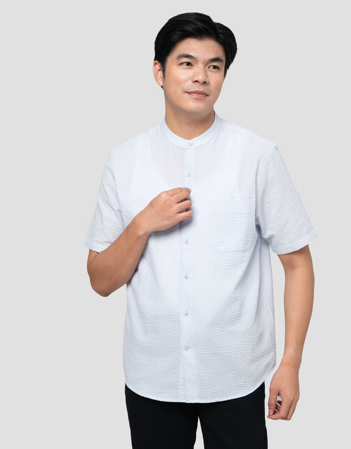 Suko Seersucker Kerah Tegak Kemeja Koko Pria