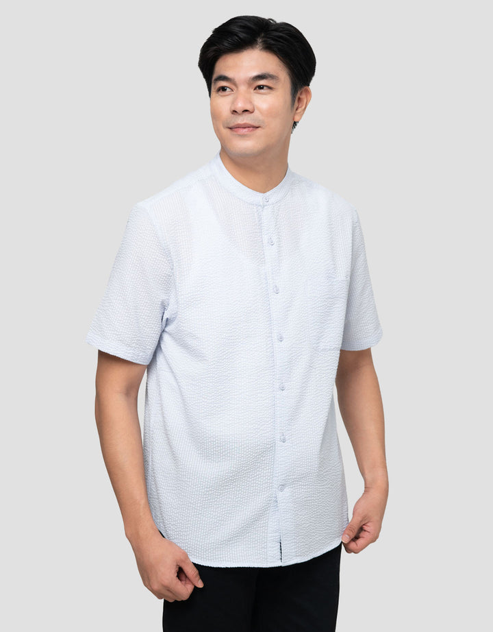 Suko Seersucker Kerah Tegak Kemeja Koko Pria