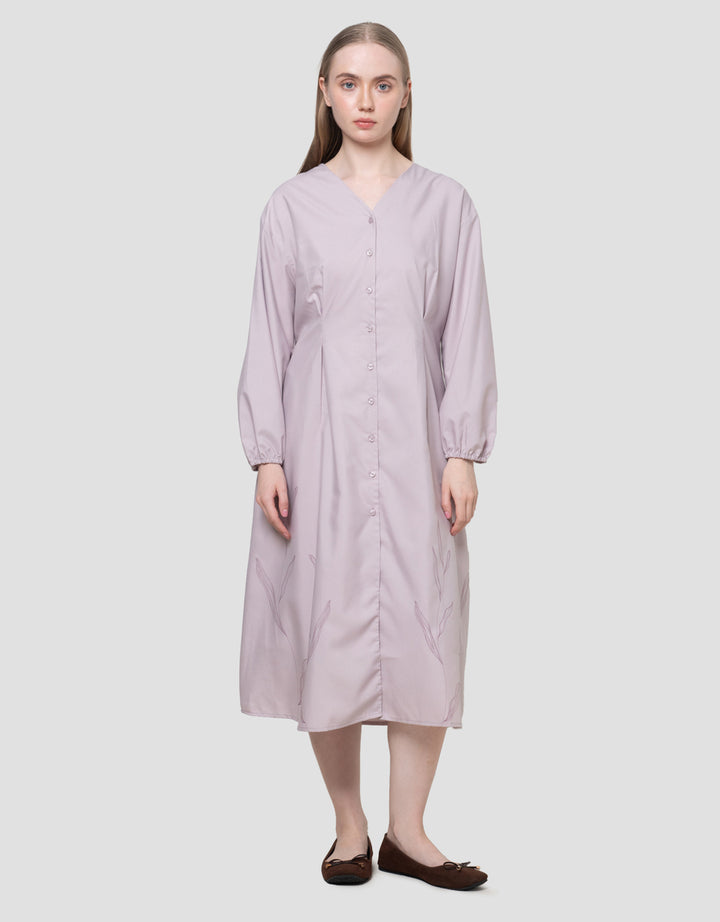 Suko Print V-Neck Lengan Panjang Gaun Wanita