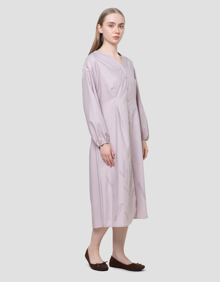 Suko Print V-Neck Lengan Panjang Gaun Wanita