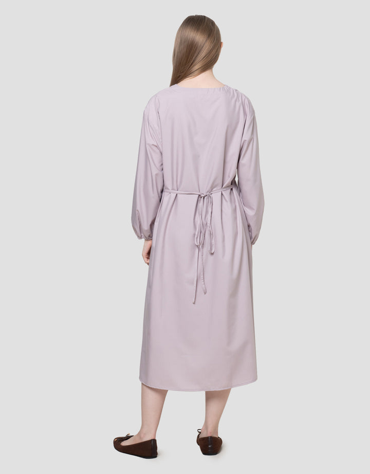 Suko Print V-Neck Lengan Panjang Gaun Wanita