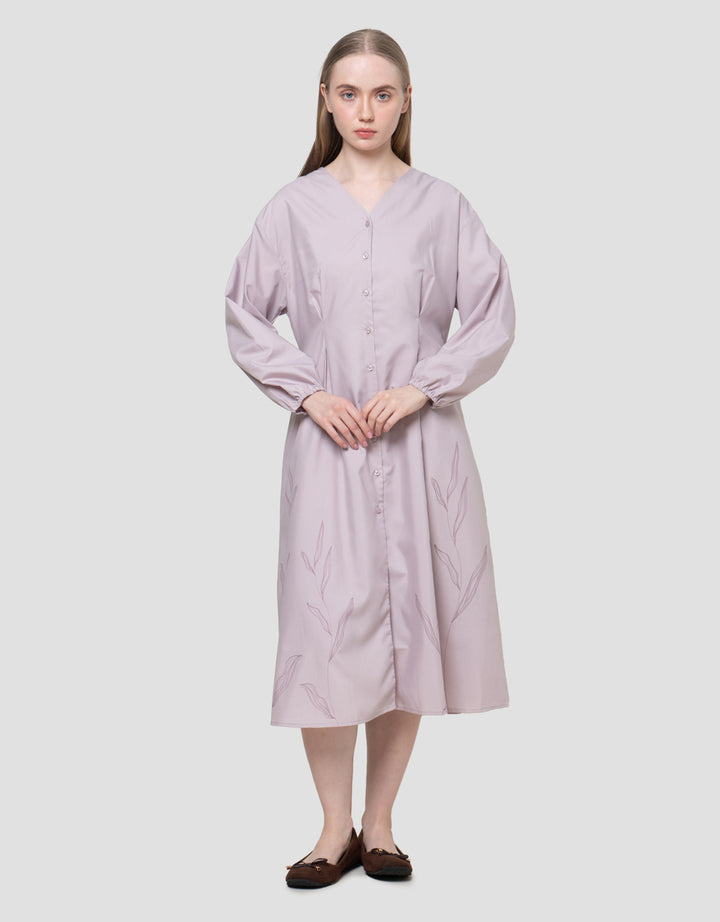 Suko Print V-Neck Lengan Panjang Gaun Wanita