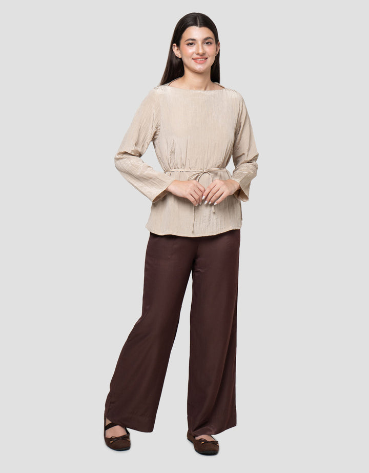 Connexion Crinkle Pleats Boat Neck Blouse Lengan Panjang Wanita