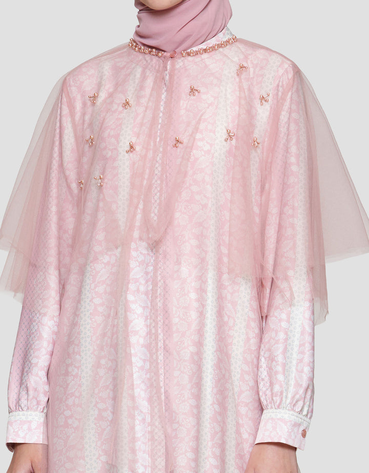 Annisa Double Layer Tulle Cape Maxi Dress Wanita